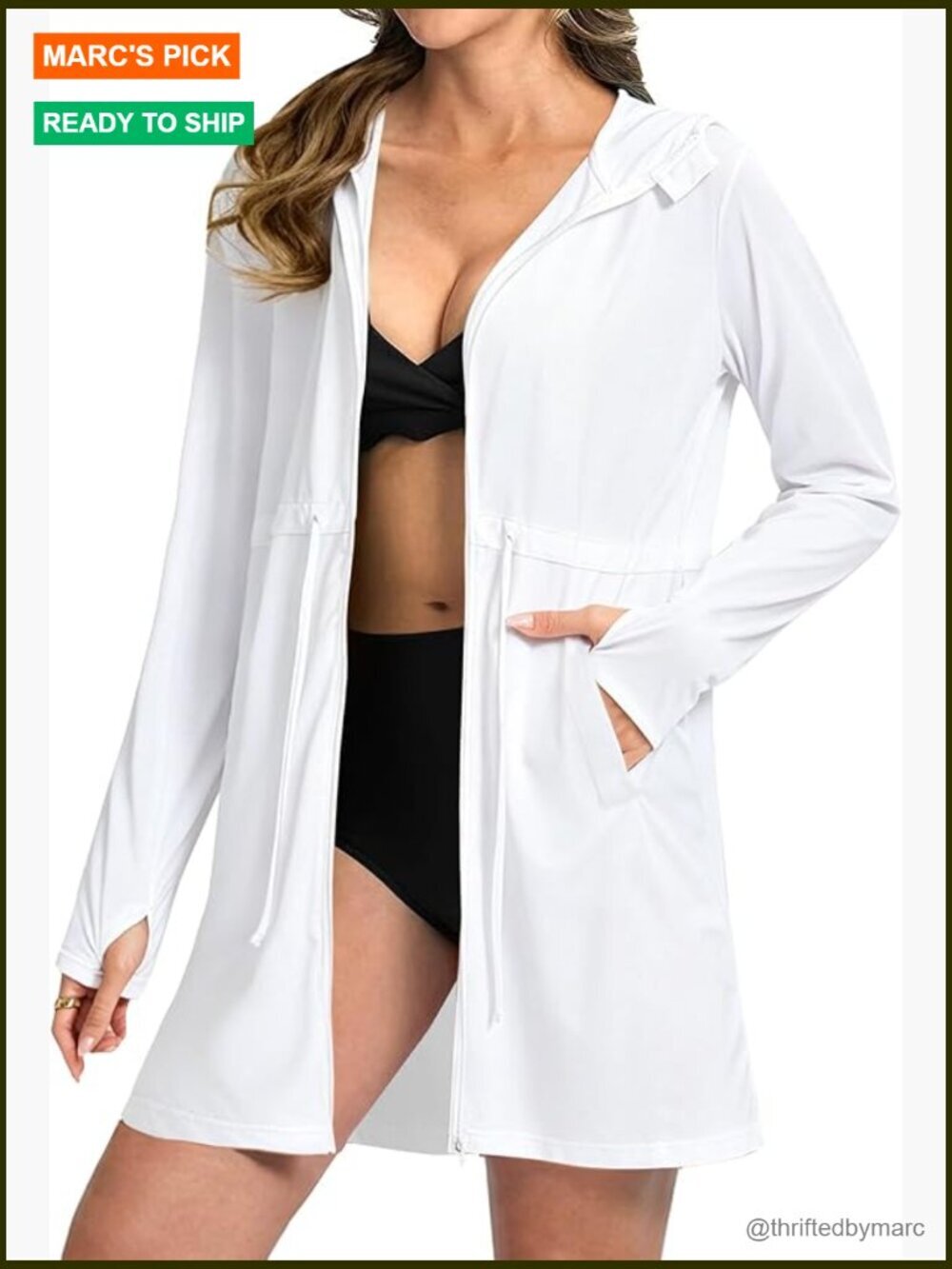 UPF 50+ Swim Cover Up Zip Hoodie Jacket Long Sleeve Beach Coverup Lightweight